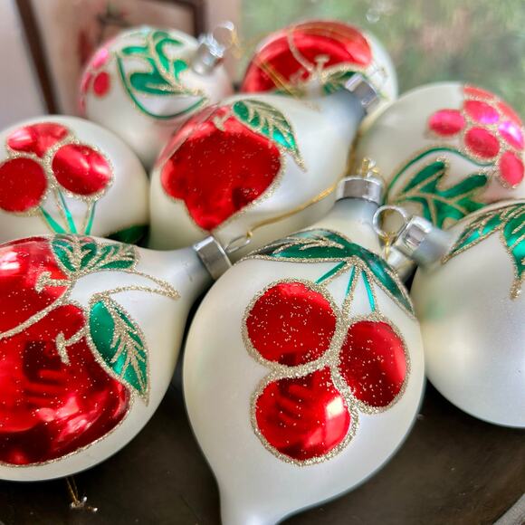 Vintage Blown Glass Ball Ornaments with Glittered Fruit Design - Set of 8 - Picture 7 of 13
